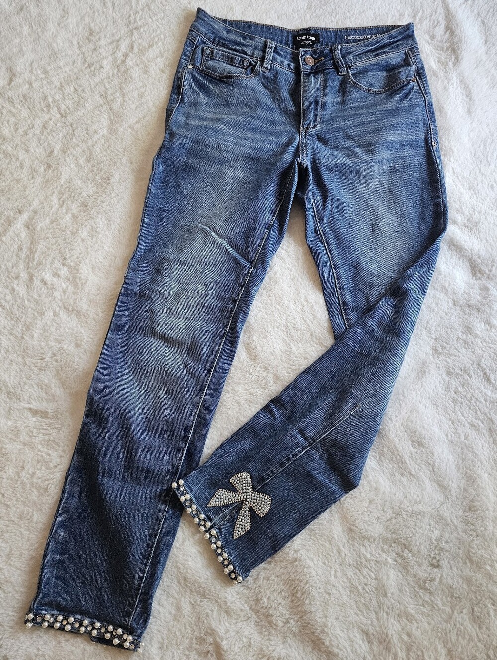 Bebe Heartbreaker Ankle Skinny Embellished Jeans, Size 28